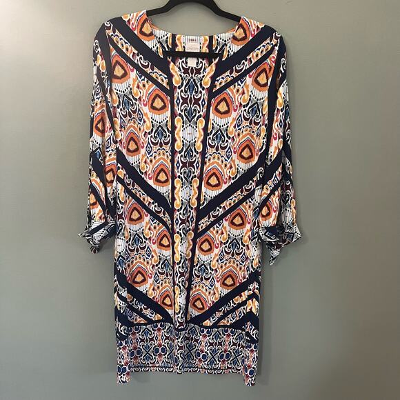 Chico’s Vibrant Fall Print Pullover Ikat Medallion Dress with Tie Sleeves Size 1 - Picture 3 of 12